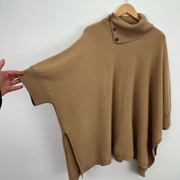 Soft by Naadam Women’s Tan Cashmere Button Turtleneck Oversized Poncho Sweater - Picture 5 of 8